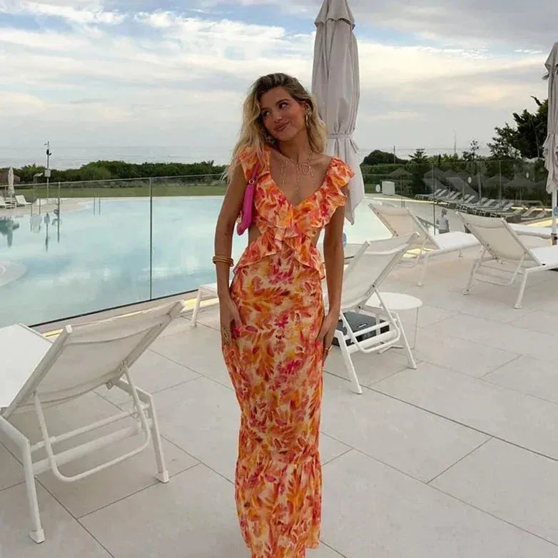 Elegantes, bedrucktes Kleid mit Rüschen