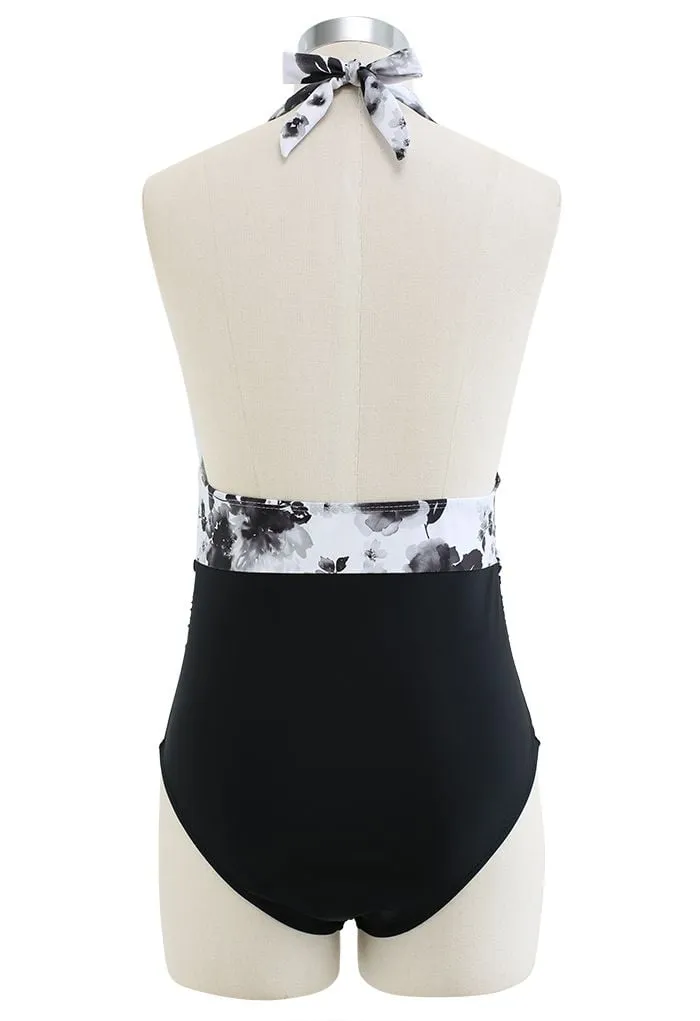 Inky Flower Tie Neck Badeanzug