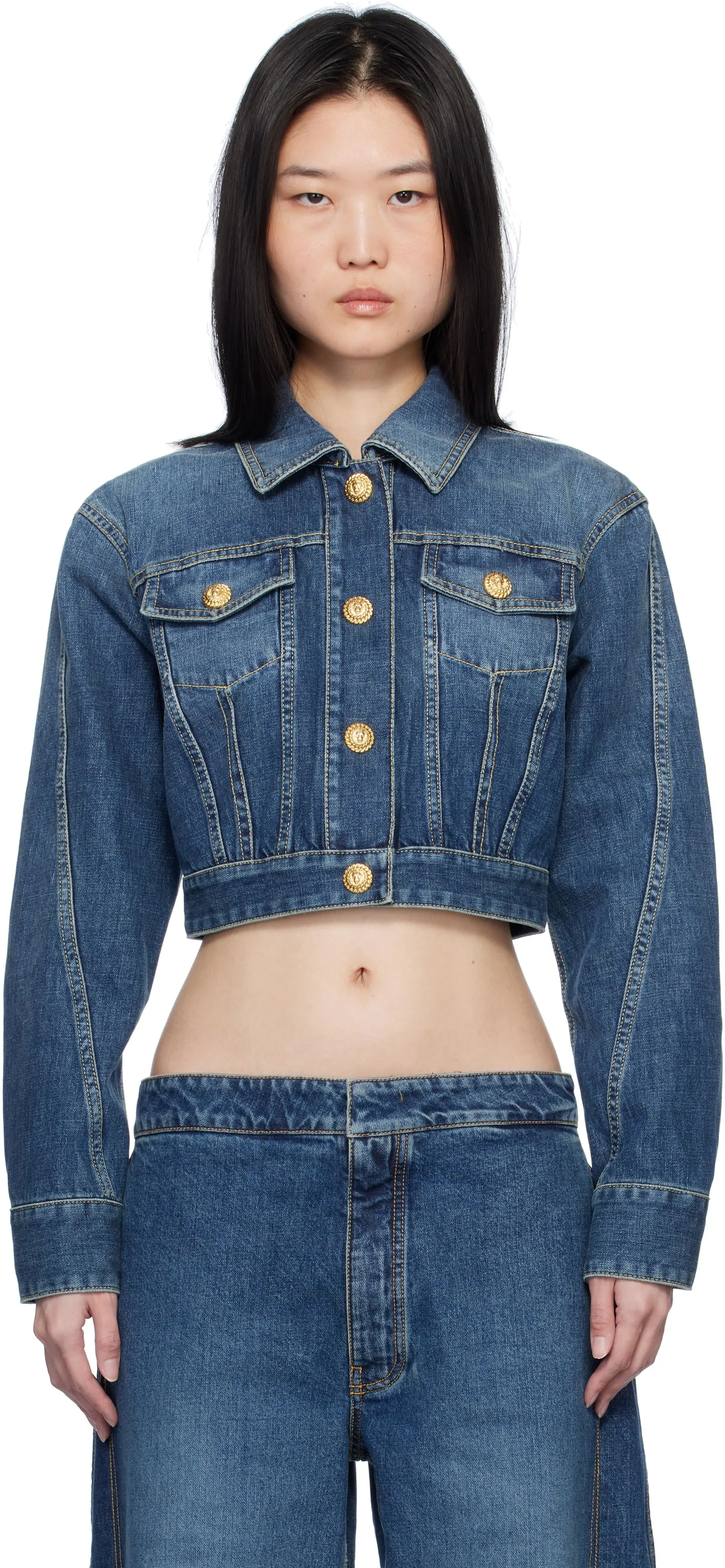 Jacke Balmain Cropped Faded Denim Jacket EF1TC180DF65