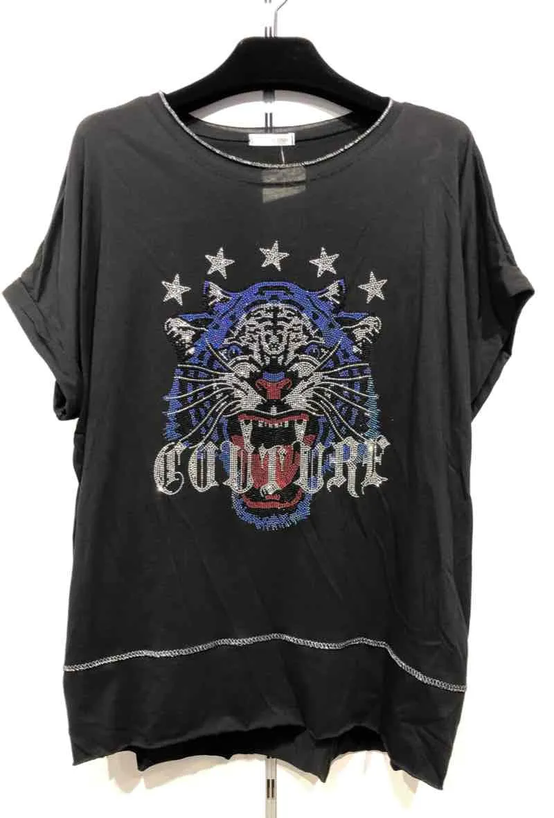 Schwarzes T-Shirt mit Pailletten (T51946)