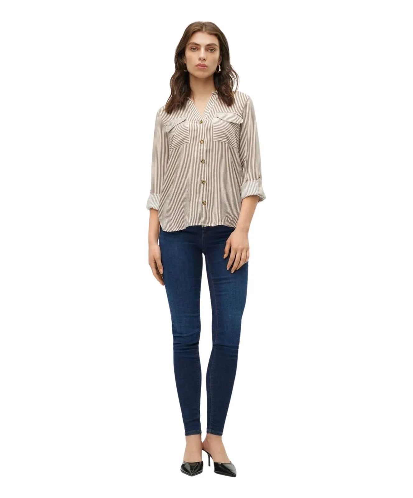 Vero Moda Hemdbluse Bumby mit braunen Streifen und Brusttaschen